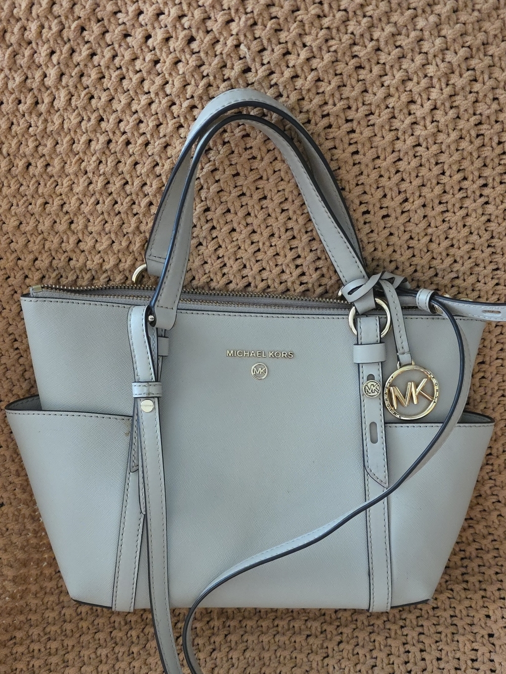 Michael Kors Light Gray Saffiano Leather Tote with Gold Hardware